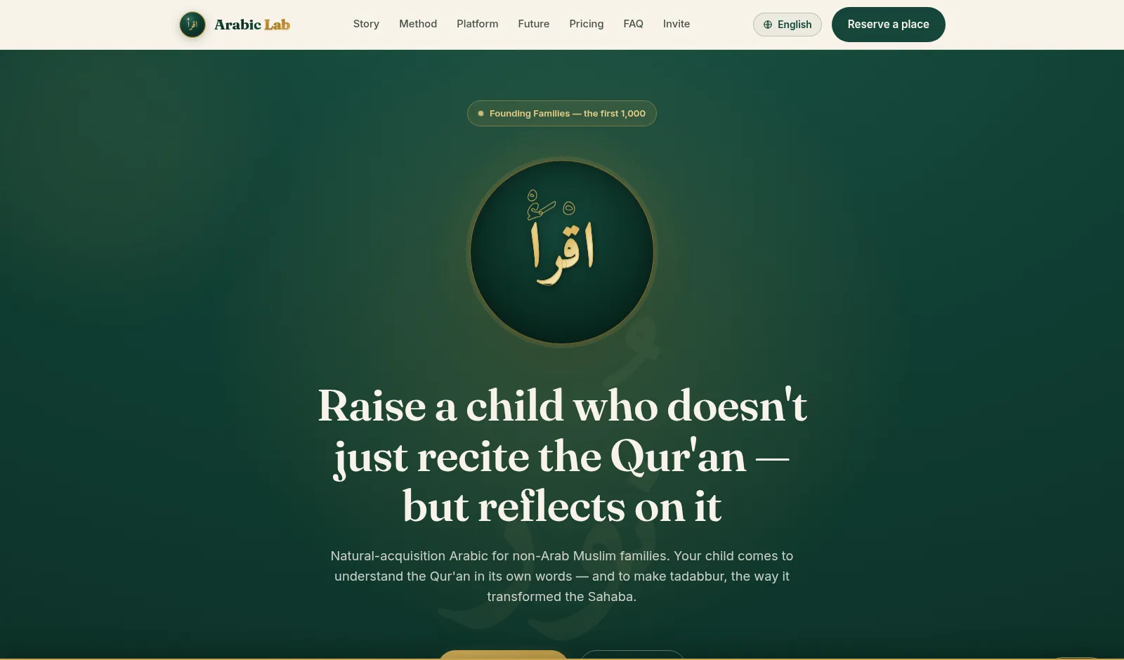 Arabic Lab homepage: founding families banner, Arabic language logo and the platform promise
