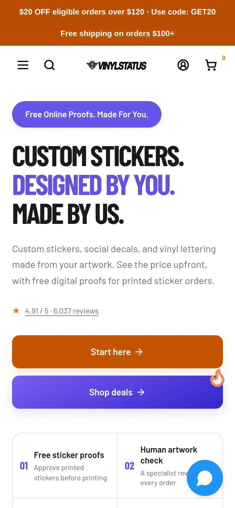 Vinyl Status mobile homepage with promo bar, hero and rating